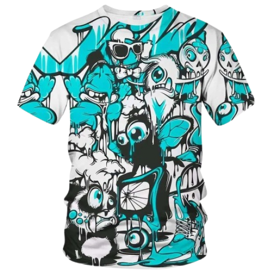 Drip Cartoon Chaos Graphic T-Shirt – White & Cyan