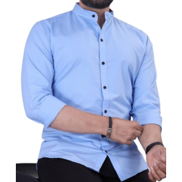 Men’s Light Blue Mandarin Collar Casual Shirt