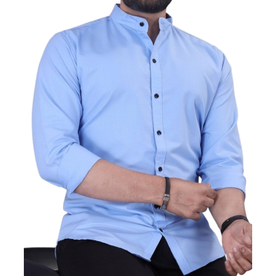 Men’s Light Blue Mandarin Collar Casual Shirt