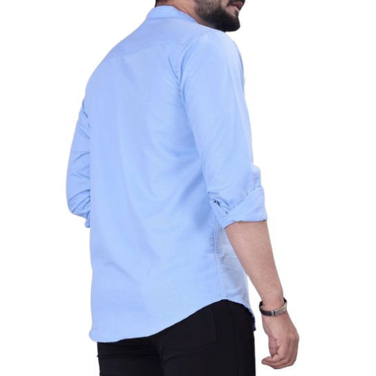 Men’s Light Blue Mandarin Collar Casual Shirt