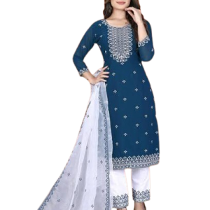 Women’s Embroidered Blue Kurta Set with White Dupatta