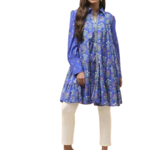 Women’s Blue Floral Printed Tiered Peplum Kurti with White Pants
