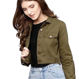 Chic Olive Green Cropped Denim/Cotton Jacket