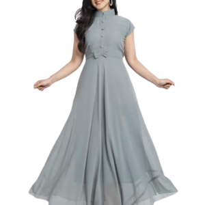 Chic Slate Grey Georgette Maxi Dress with Bow Detail