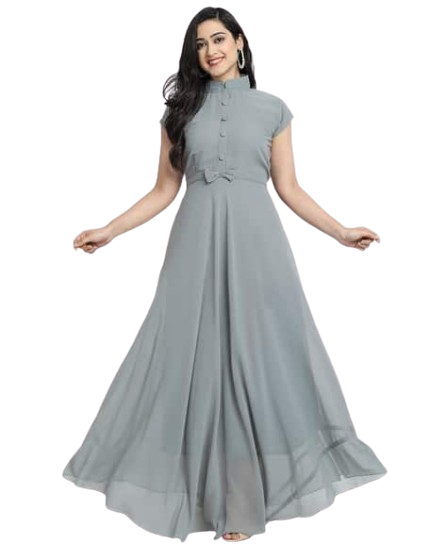 Chic Slate Grey Georgette Maxi Dress with Bow Detail