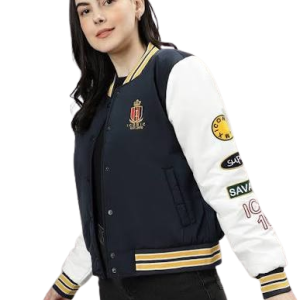 Classic Navy & White Varsity/Bomber Jacket with Patches