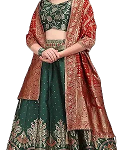Dark Green Embroidered Lehenga Choli with Red Banarasi Dupatta