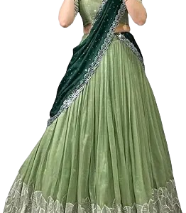 Designer Green Silk Lehenga Choli with Contrasting Dark Green Dupatta