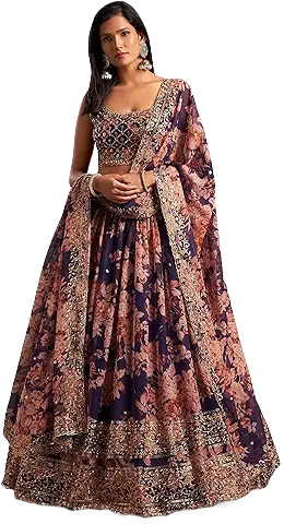 Floral Heritage Lehenga Choli with Dupatta – Navy Rose