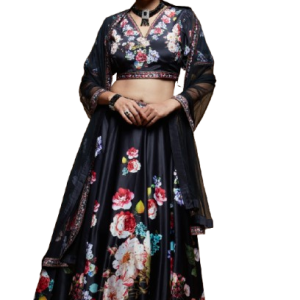 Black Satin Floral Printed Lehenga Choli with Dupatta